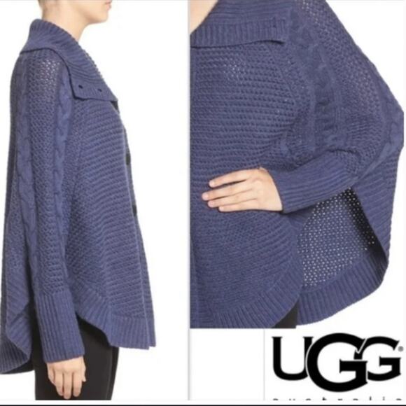UGG Poncho Shrug Size XS & Small Blue Cable Knit Cape Sweater Missing Button - Picture 2 of 10